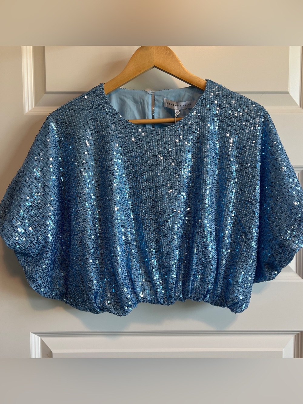 ENDLESS ROSE Anthropologie Sequin Crop Puff Top XS S